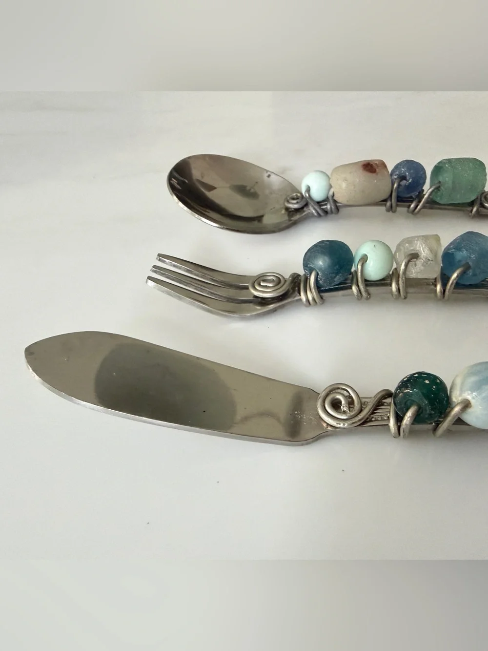 Choice Wire Wrapped stones Sea Glass 3pc Flatware Set Artisan Knife Fork Spoon⁠